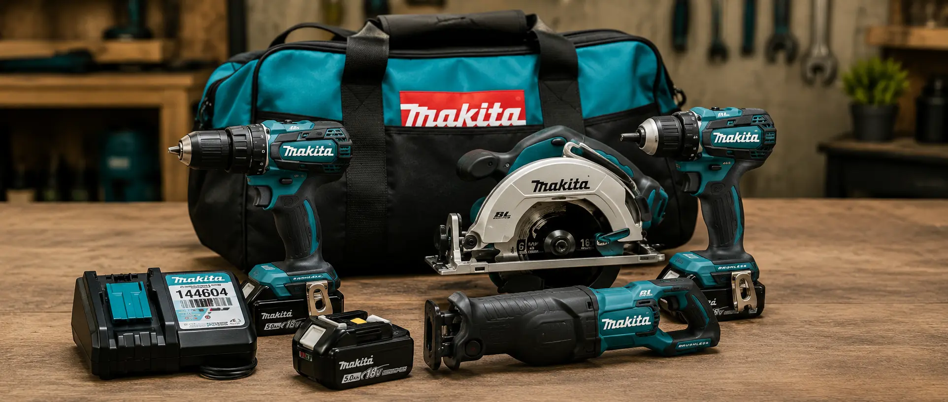 The full Makita XT505 kit unpacked: drill, impact driver, circular saw, recipro saw, flashlight, two batteries and the contractor bag