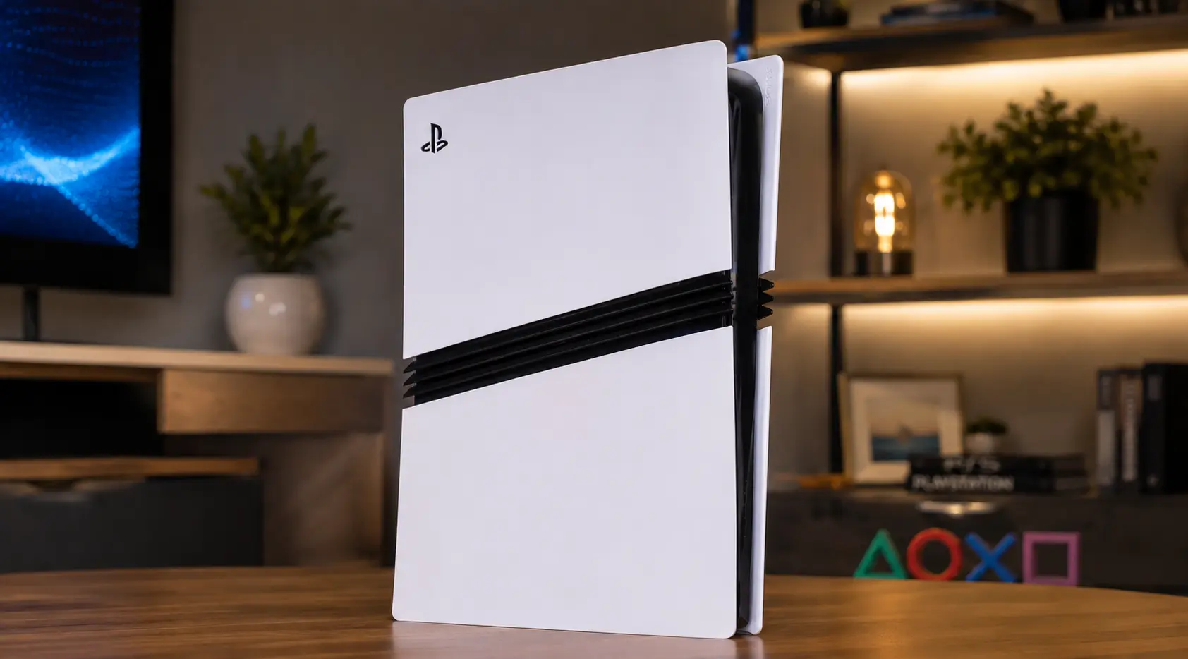 PlayStation 5 Pro standing vertically, front panel with the disc-drive bay covered